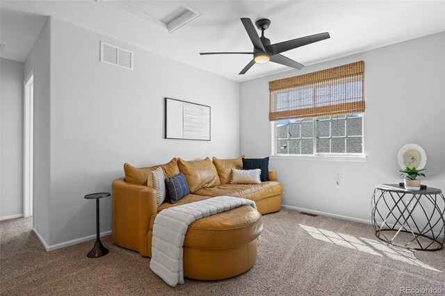 2880 Breezy Ln, Castle Rock, CO 80109 - living area with carpet floors, attic access, ceiling fan, and baseboards