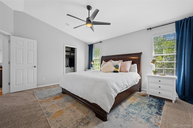 2880 Breezy Ln, Castle Rock, CO 80109 - bedroom featuring carpet, multiple windows, vaulted ceiling, and a walk in closet