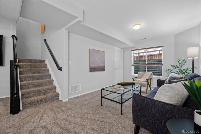 2880 Breezy Ln, Castle Rock, CO 80109 - carpeted living room featuring stairway and baseboards