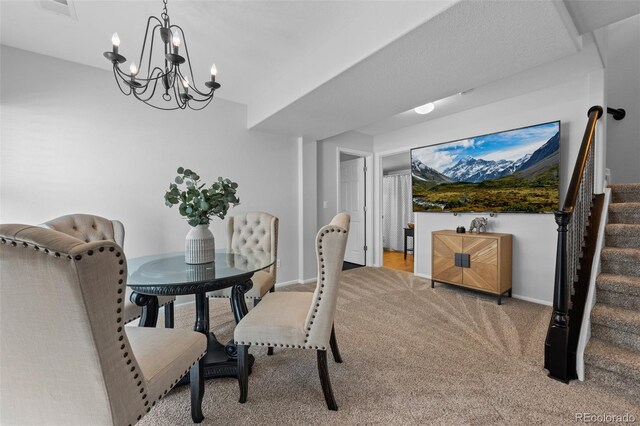 2880 Breezy Ln, Castle Rock, CO 80109 - dining room featuring carpet floors, a chandelier, stairway, and baseboards