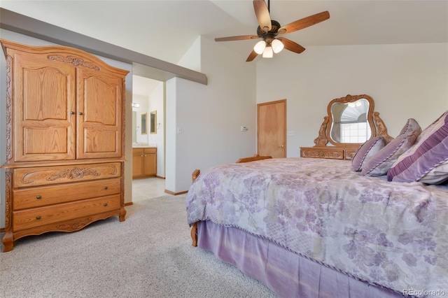 bedroom with baseboards, light carpet, ensuite bathroom, high vaulted ceiling, and a ceiling fan