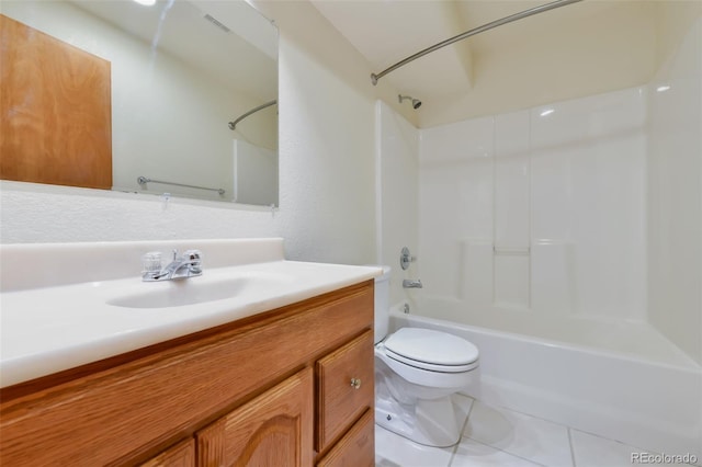 bathroom featuring vanity, visible vents, shower / bathing tub combination, tile patterned floors, and toilet