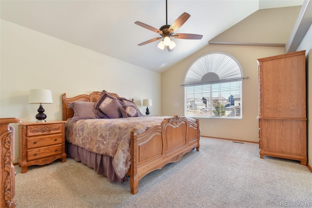 bedroom with baseboards, light carpet, a ceiling fan, and vaulted ceiling