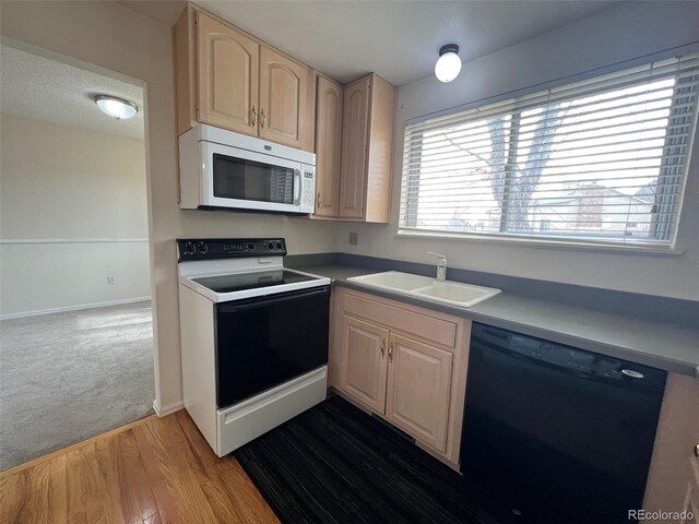 kitchen featuring electric range, sink, light brown cabinets, and black dishwasher