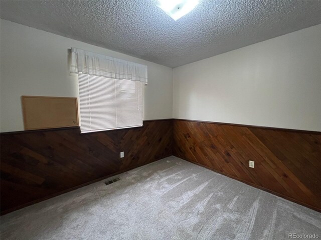 carpeted spare room featuring wood walls and a textured ceiling