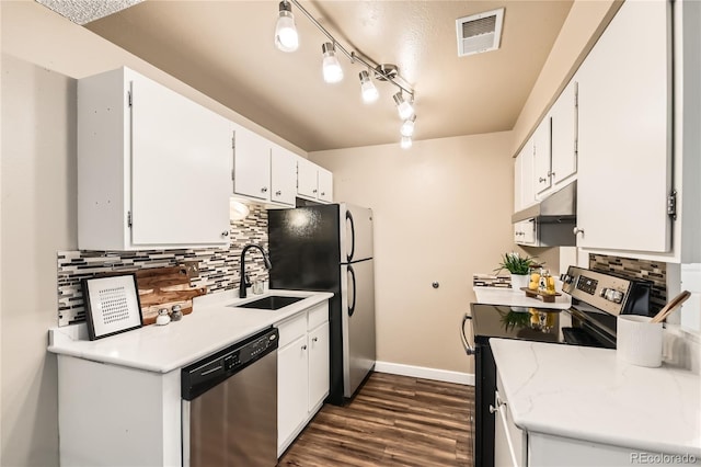 kitchen with sink, dark wood-type flooring, white cabinetry, stainless steel appliances, and decorative backsplash