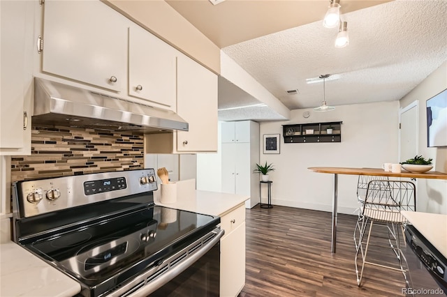 kitchen with white cabinetry, extractor fan, pendant lighting, and stainless steel appliances