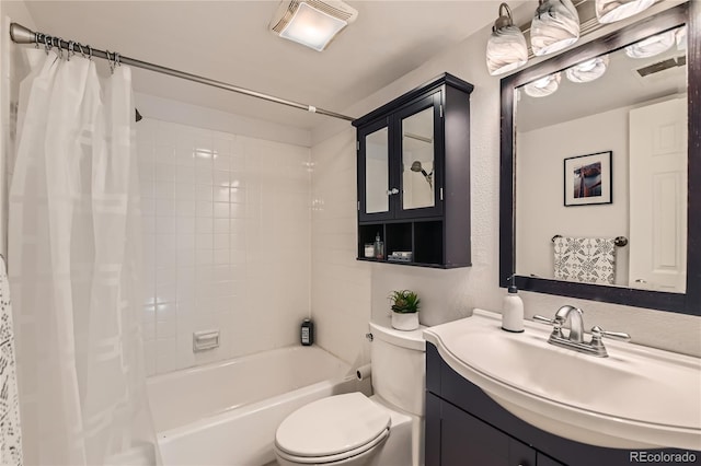 full bathroom with shower / bathtub combination with curtain, vanity, and toilet