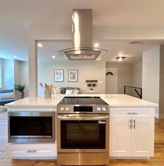 6484 S Datura St, Littleton, CO 80120 - kitchen featuring stainless steel appliances, island range hood, open floor plan, white cabinetry, and recessed lighting