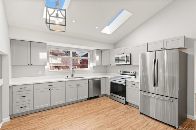 kitchen with a sink, gray cabinetry, light wood-type flooring, and stainless steel appliances