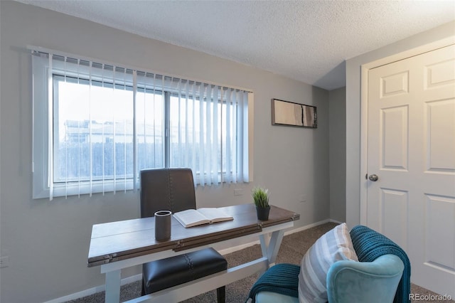 office area featuring carpet flooring, plenty of natural light, and a textured ceiling