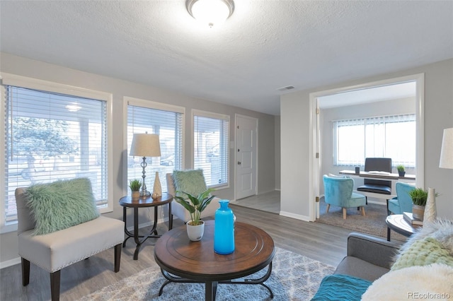 living room featuring hardwood / wood-style flooring and a textured ceiling