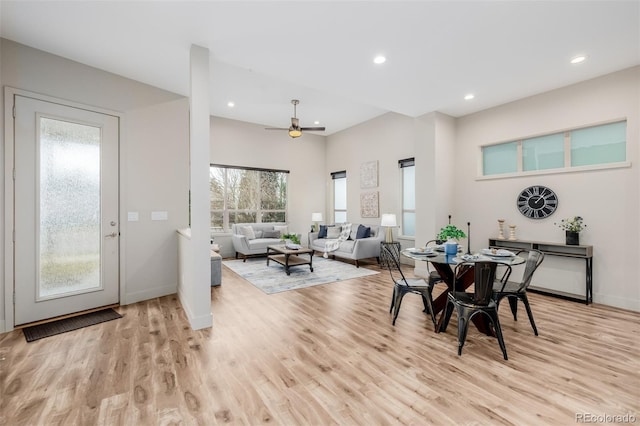 1848 W 68th Ave, Denver, CO 80221 - dining area with light wood-style flooring, a ceiling fan, recessed lighting, and baseboards