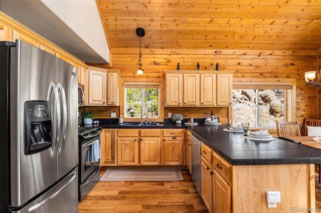 146 Atoka Dr, Como, CO 80432 - kitchen featuring stainless steel appliances, vaulted ceiling, a peninsula, light wood-style flooring, and light brown cabinetry