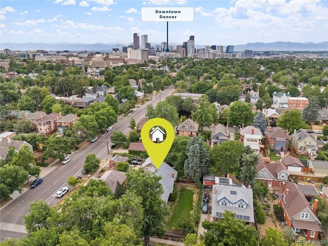 drone / aerial view featuring a mountain view