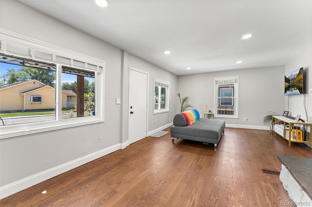 sitting room featuring dark hardwood / wood-style flooring and a healthy amount of sunlight