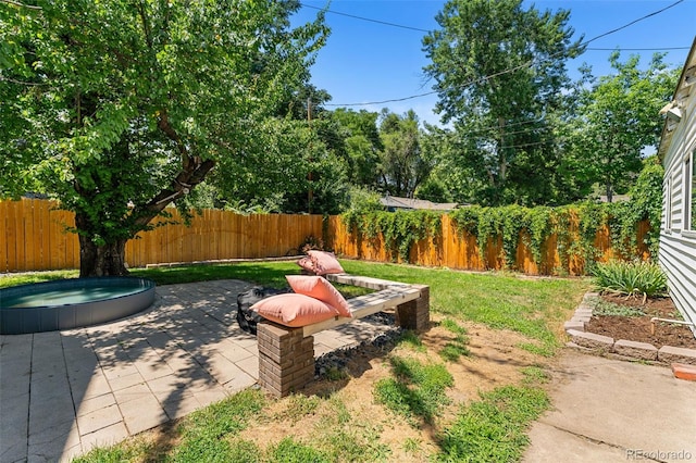 view of yard featuring a jacuzzi and a patio area