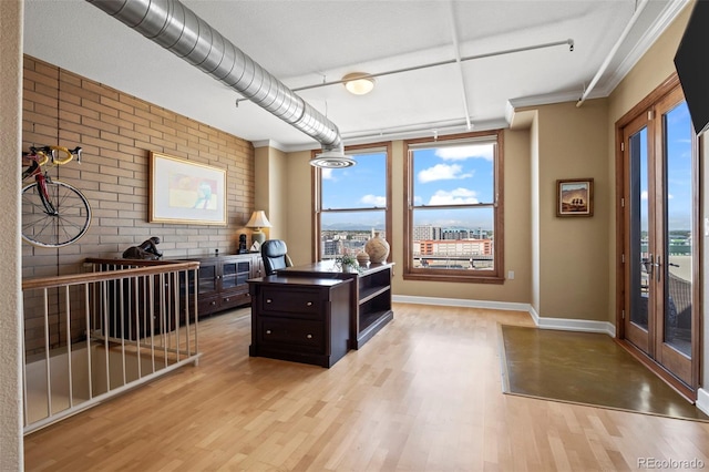 office area featuring light hardwood / wood-style floors, plenty of natural light, and ornamental molding