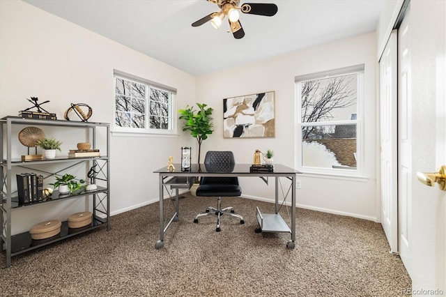 office space featuring a wealth of natural light, baseboards, and carpet flooring