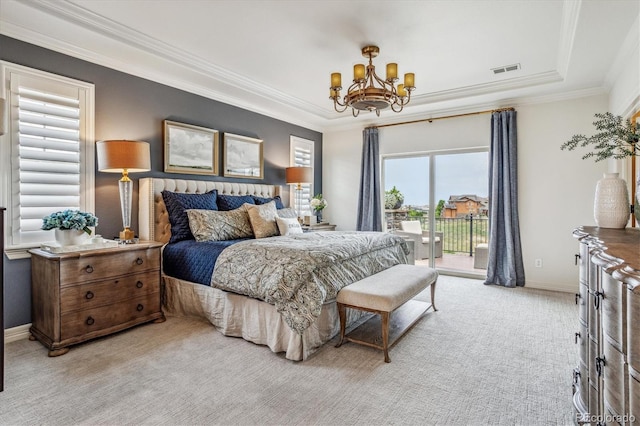 carpeted bedroom with a chandelier, access to exterior, crown molding, and multiple windows