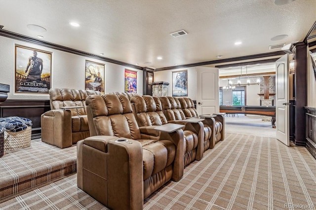 carpeted cinema room featuring billiards, crown molding, and a textured ceiling