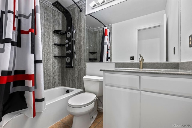 full bathroom with tile patterned floors, shower / bath combo, toilet, and vanity