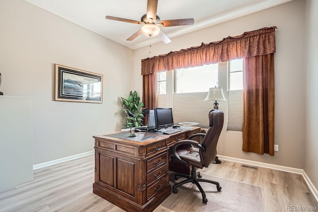 office featuring a ceiling fan, light wood-type flooring, visible vents, and baseboards