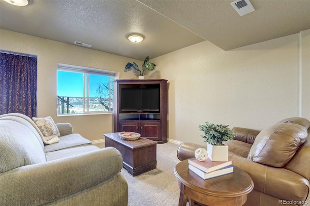 1944 Queens Canyon Ct, Colorado Springs, CO 80921 - living area featuring a textured ceiling, light colored carpet, baseboards, and visible vents
