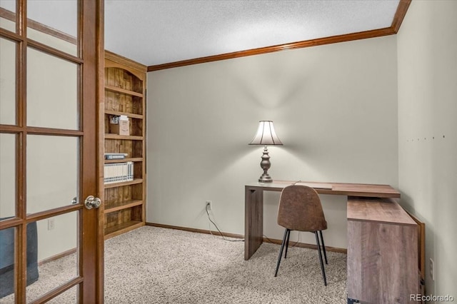 1665 W 113th Ave, Denver, CO 80234 - office space featuring crown molding, carpet, built in shelves, a textured ceiling, and baseboards