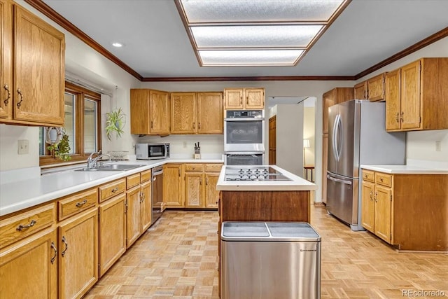 1665 W 113th Ave, Denver, CO 80234 - kitchen with a sink, appliances with stainless steel finishes, ornamental molding, light countertops, and a center island