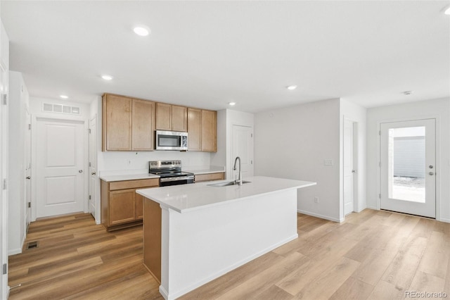 kitchen featuring light wood finished floors, visible vents, appliances with stainless steel finishes, light countertops, and a sink