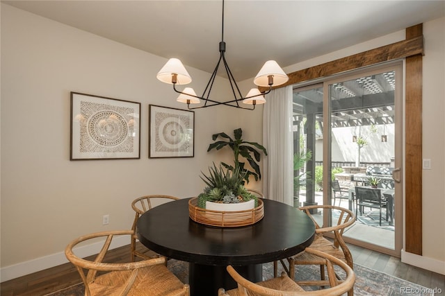 9266 E 35th Ave, Denver, CO 80238 - dining room with baseboards, a chandelier, and wood finished floors