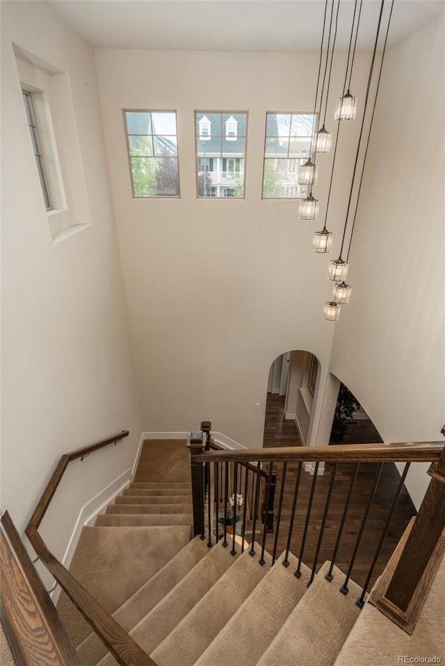 9266 E 35th Ave, Denver, CO 80238 - staircase featuring healthy amount of natural light, carpet floors, baseboards, and arched walkways