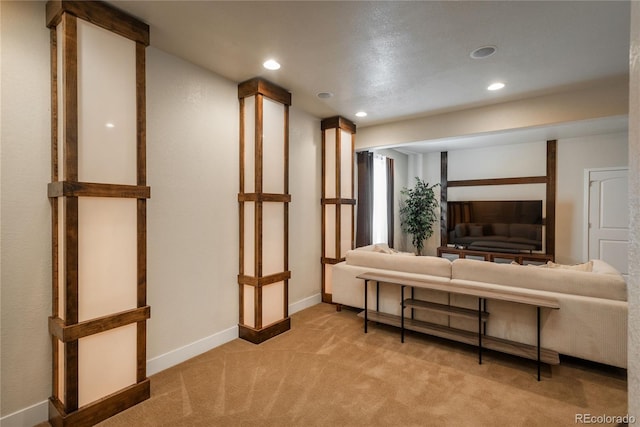 9266 E 35th Ave, Denver, CO 80238 - living room with light colored carpet, recessed lighting, and baseboards