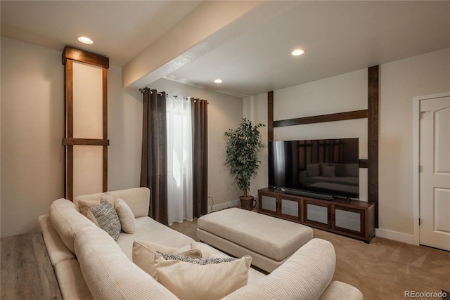 9266 E 35th Ave, Denver, CO 80238 - living room with recessed lighting, light carpet, and baseboards