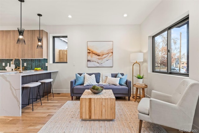 living room featuring sink and light hardwood / wood-style floors