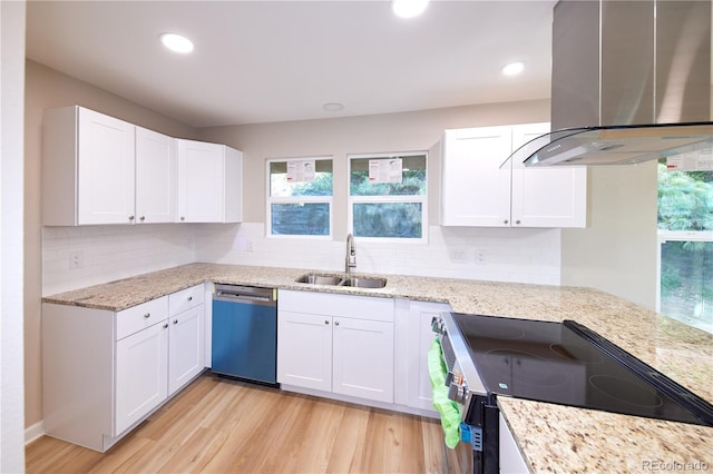 8713 E Roundtree Ave, Greenwood Village, CO 80111 - kitchen featuring dishwasher, island range hood, electric stove, white cabinetry, and light stone counters