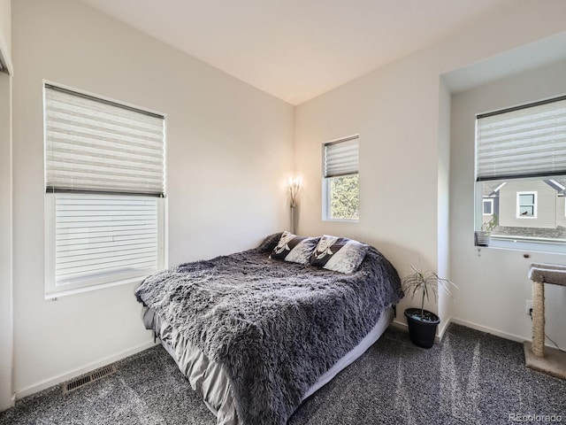 bedroom with dark carpet