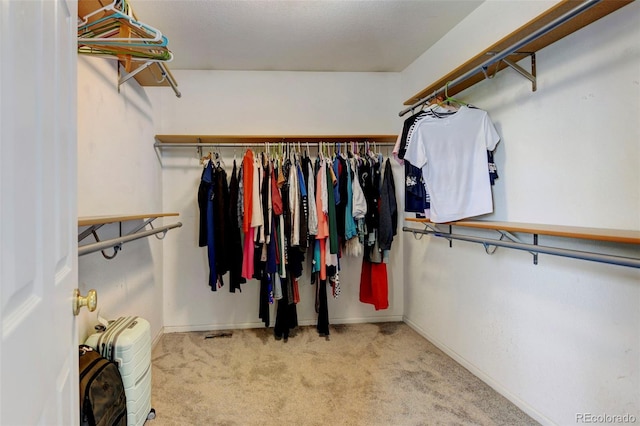 walk in closet featuring light colored carpet