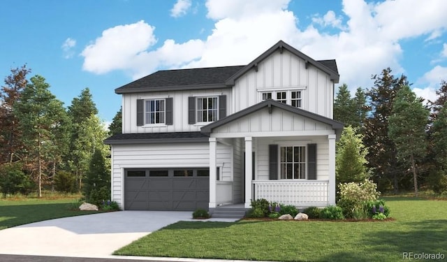 view of front of home featuring board and batten siding, a porch, concrete driveway, a front yard, and a garage