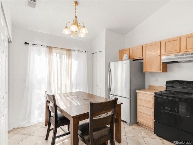 1748 Eagle St Unit B, Aurora, CO 80011 - kitchen with freestanding refrigerator, under cabinet range hood, vaulted ceiling, light brown cabinetry, and black range with electric cooktop