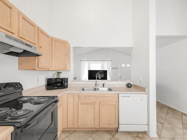 1748 Eagle St Unit B, Aurora, CO 80011 - kitchen featuring light brown cabinetry, under cabinet range hood, a sink, black appliances, and light countertops