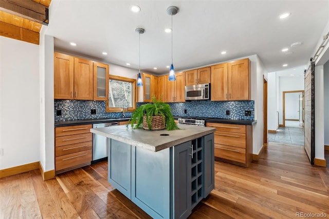 475 Vail Cir, Dillon, CO 80435 - kitchen with stainless steel appliances, a barn door, baseboards, wood-type flooring, and recessed lighting