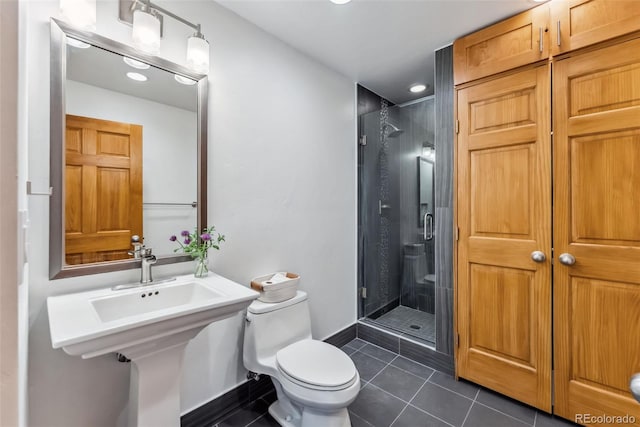 475 Vail Cir, Dillon, CO 80435 - bathroom with tile patterned flooring, a shower stall, toilet, recessed lighting, and baseboards