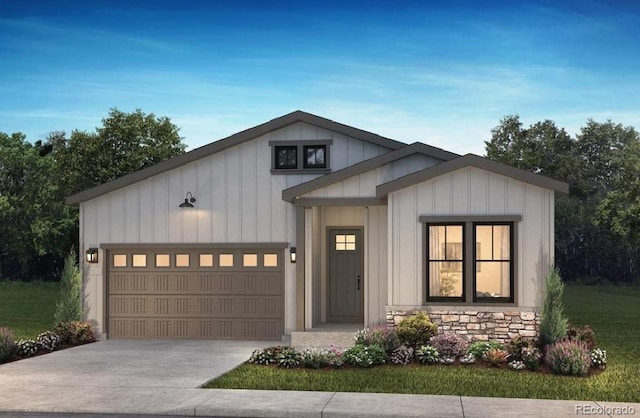 11106 Stonepath St, Littleton, CO 80125 - modern farmhouse style home featuring a garage, driveway, stone siding, and board and batten siding