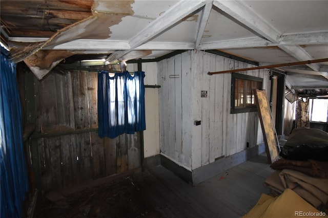 below grade area with wood finished floors and wooden walls
