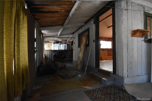 corridor featuring wood finished floors and wooden walls