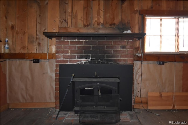 detailed view of a wood stove and wood walls