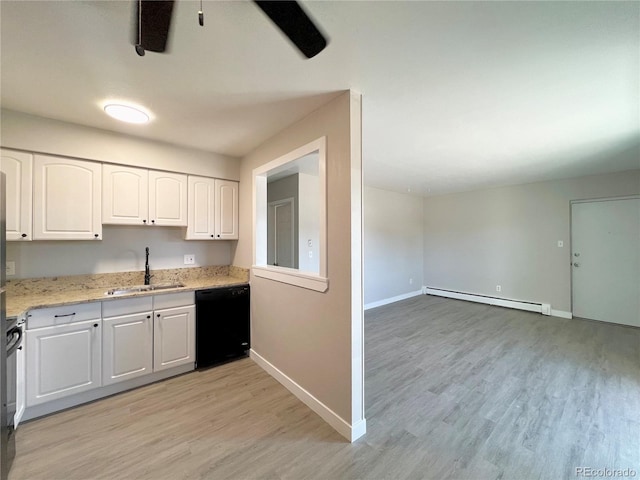 kitchen with sink, white cabinetry, light wood-type flooring, a baseboard radiator, and black dishwasher