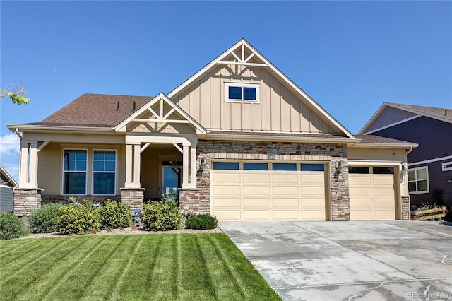 15619 Syracuse Way, Thornton, CO 80602 - craftsman-style home featuring board and batten siding, a front yard, driveway, a garage, and stone siding